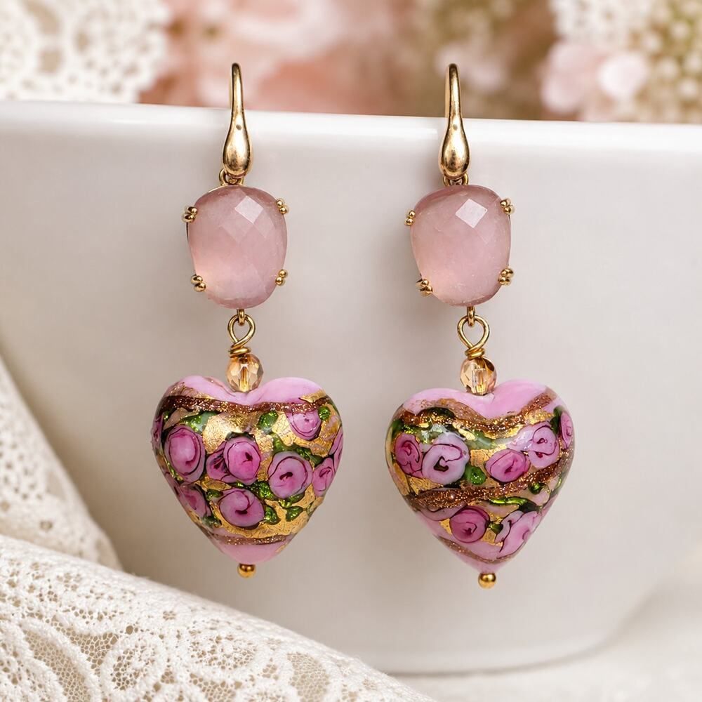 Vintage Murano Glass Heart Earrings 925 Sterling Gold Vermeil Rose Quartz Italy